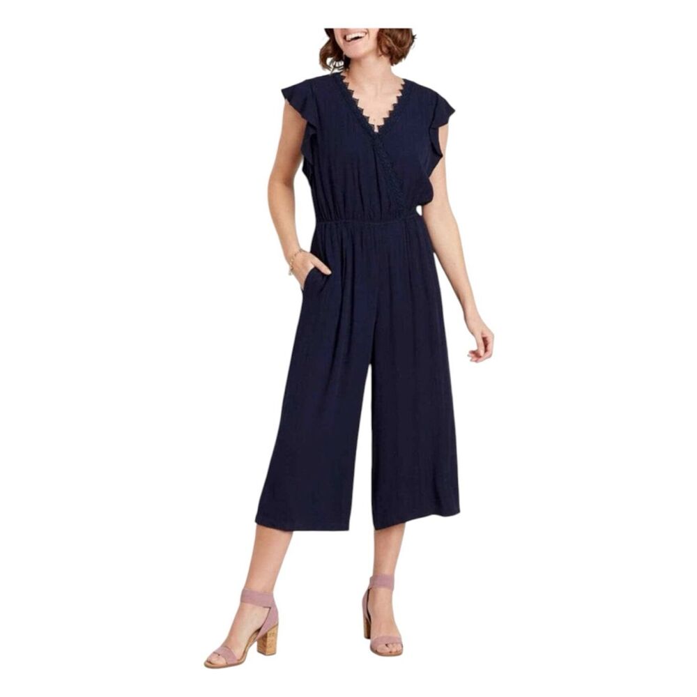 Maurices Women Navy Blue Jumpsuit Size XS Wrap V-Neck Wide Leg Short-Sleeve
